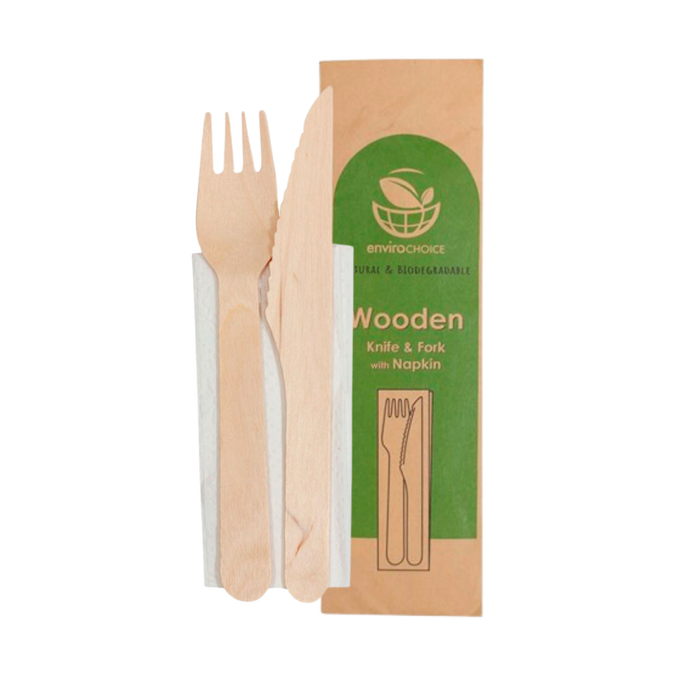 Wooden 16cm Knife, Fork & Napkin Set