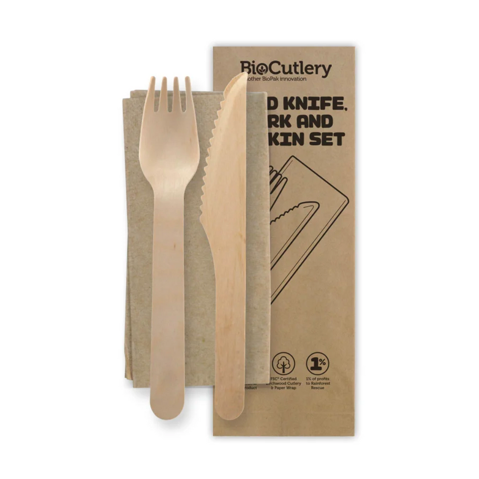 Wooden BioCutlery 16cm Knife, Fork & Napkin Set