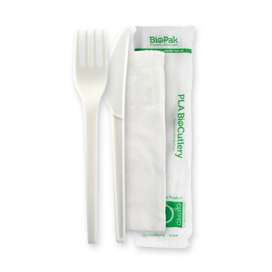 White PLA BioCutlery 16.5cm Knife, Fork & Napkin Set