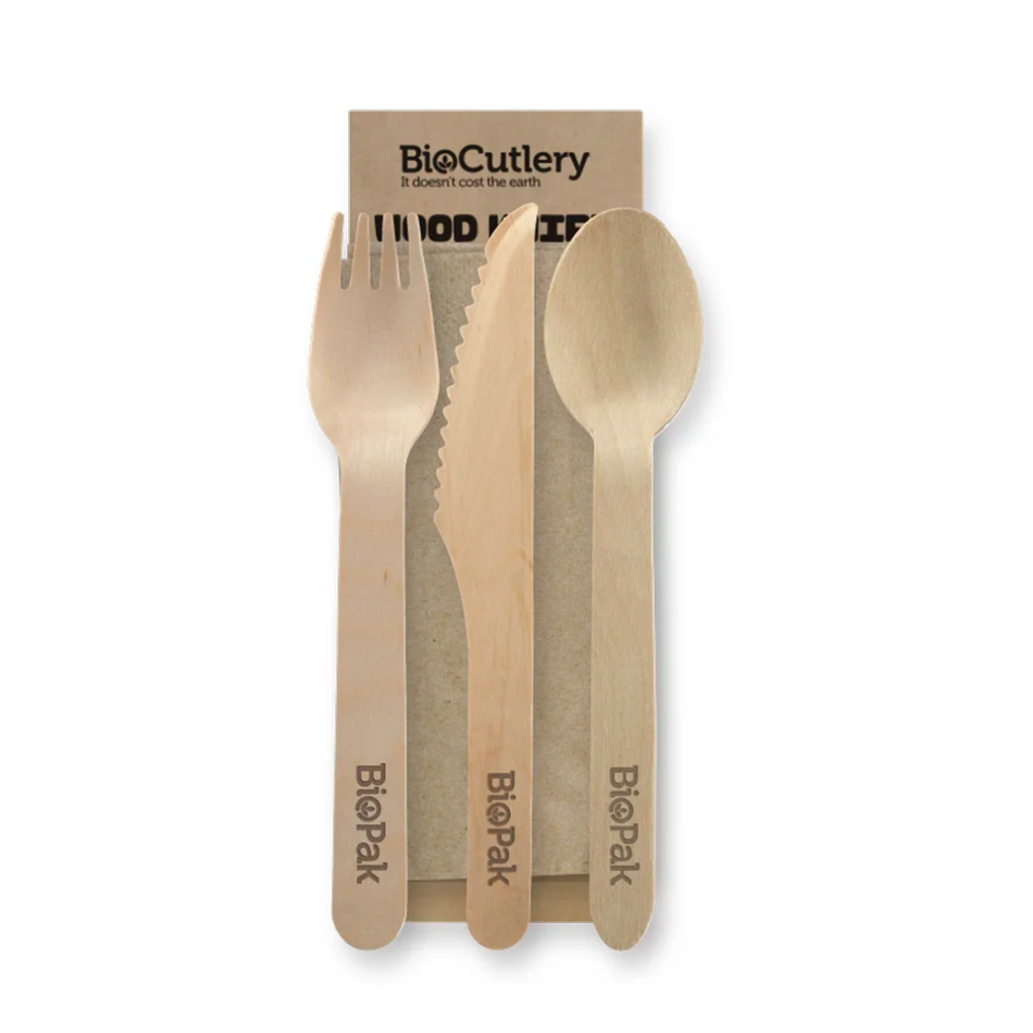 Wooden BioCutlery 16cm Knife, Fork, Spoon & Napkin Set